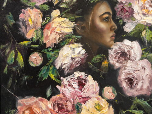 lady's face and Peonies